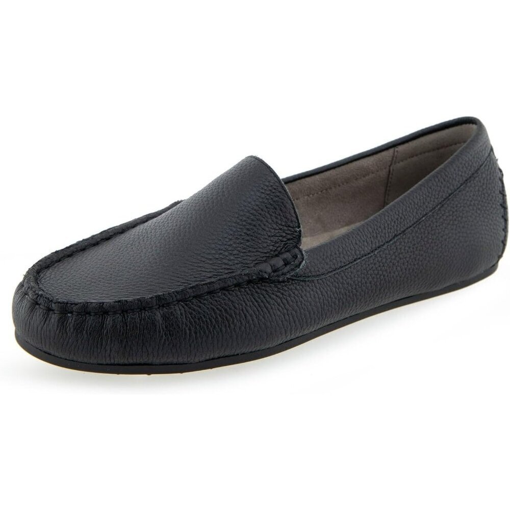 Aerosoles Womens Black Black Leather Closed Rounded Toe Over Drive Flats Loafer